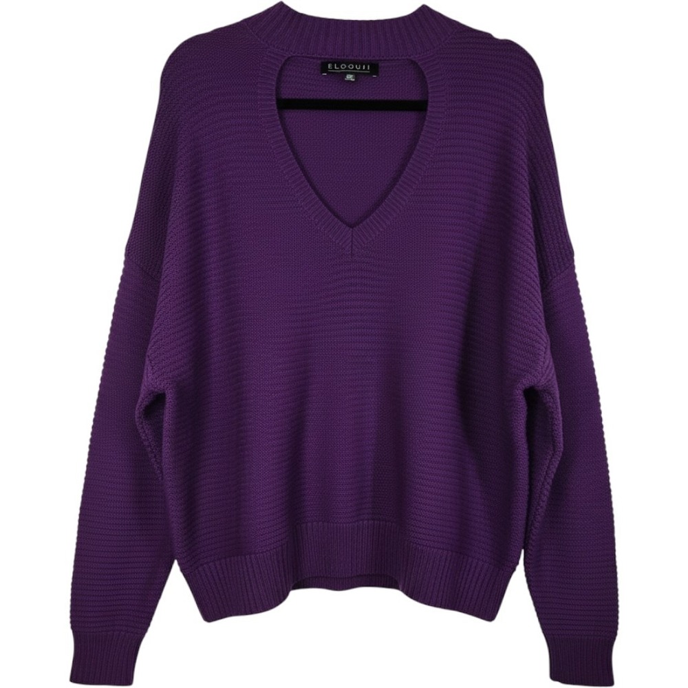 Eloquii Purple Cutout V-Neck Ribbed Knit Sweater Plus Size 14/16 Slouchy Cotton